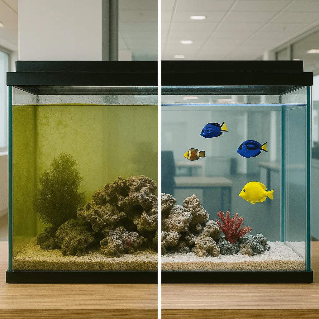 Чистка аквариума до и после