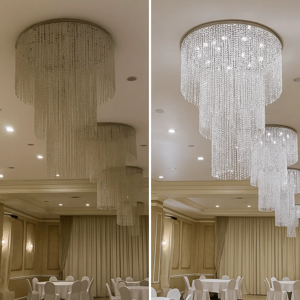 Мойка каскадной люстры в зале для мероприятий