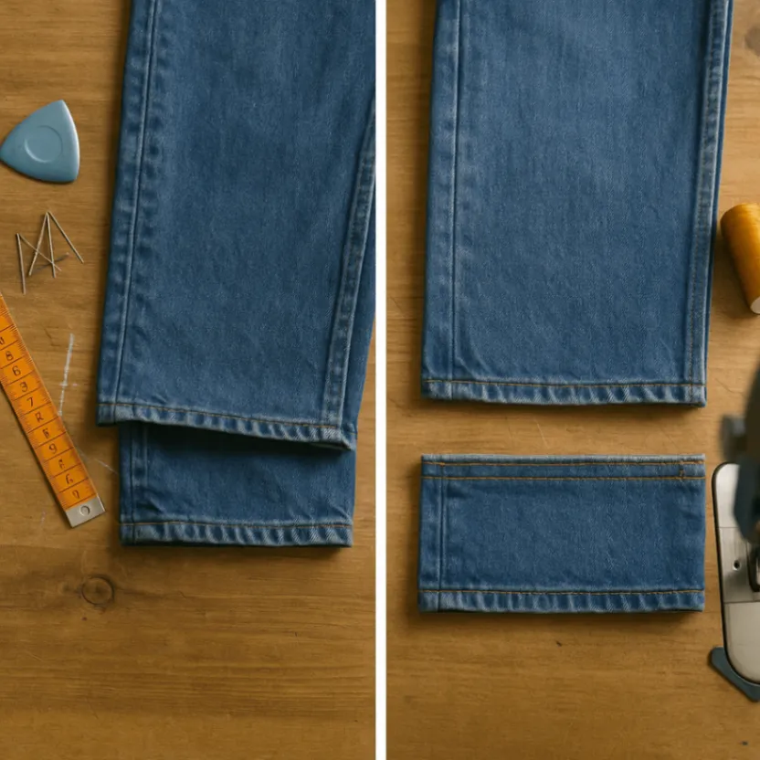 Подшив брюк, до и после